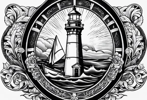 An open book with a lighthouse in the middle and a compass to wrap around forearm tattoo idea