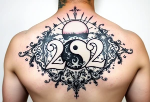 Number 222 surrounded with ying yang and sunset and love and stardust and vibration tattoo idea