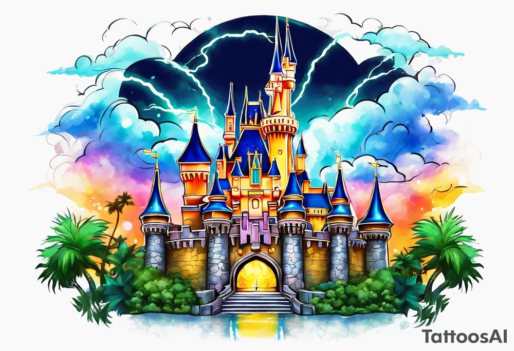 disney castle with a lightning storm palm trees and a mickey mouse and celtic symbol for family tattoo idea