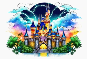 disney castle with a lightning storm palm trees and a mickey mouse and celtic symbol for family tattoo idea