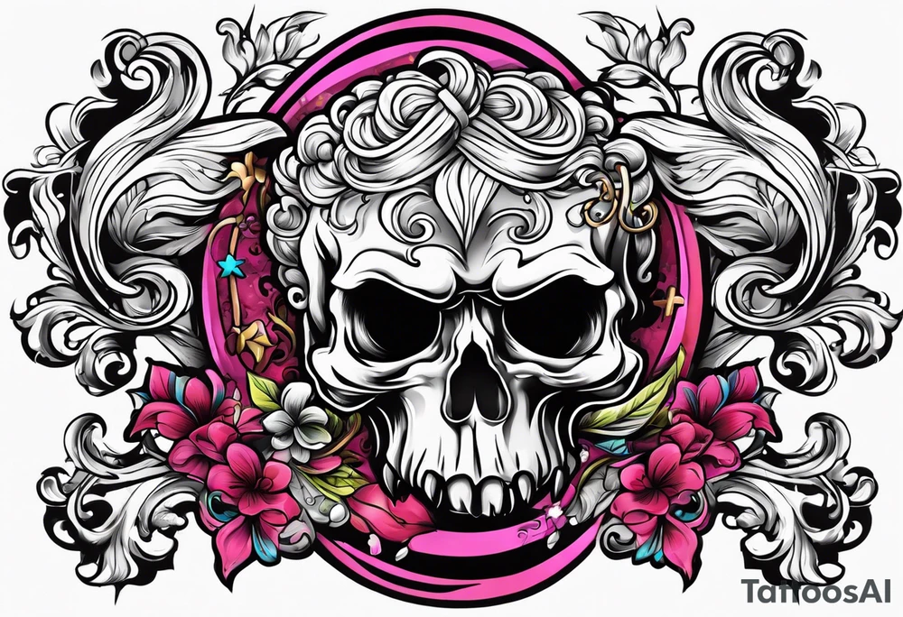 Skull and cross bones with blonde pig pig tail buns tattoo idea