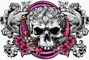 Skull and cross bones with blonde pig pig tail buns tattoo idea