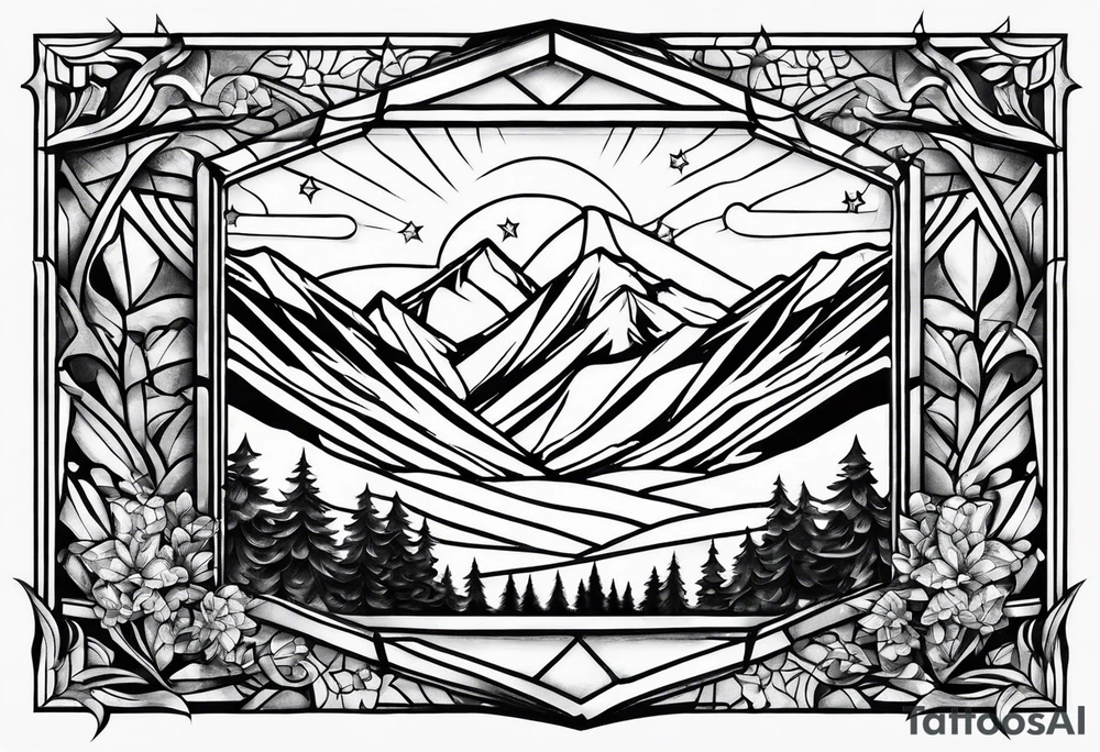 A diamond windows showing 3 stars above a mountain. Waves underneath, trees to the sides tattoo idea