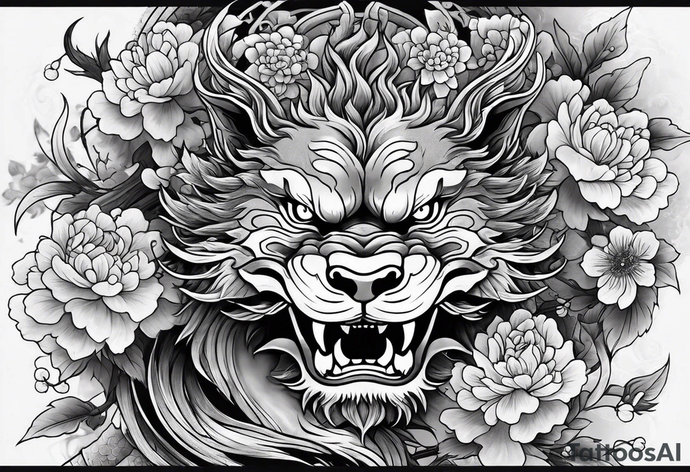 Japanese dragon, foo dog, cherry blossoms, full sleeve tattoo idea