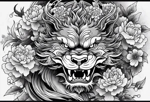 Japanese dragon, foo dog, cherry blossoms, full sleeve tattoo idea