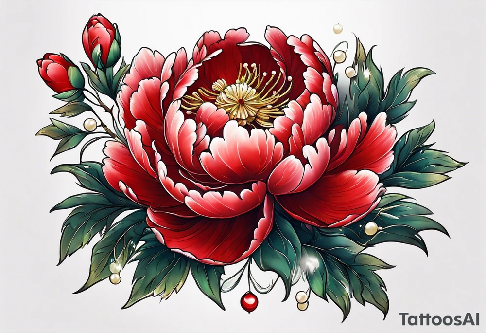 Red peony with pearls dangling and bunny tattoo idea
