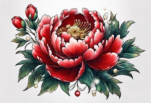 Red peony with pearls dangling and bunny tattoo idea
