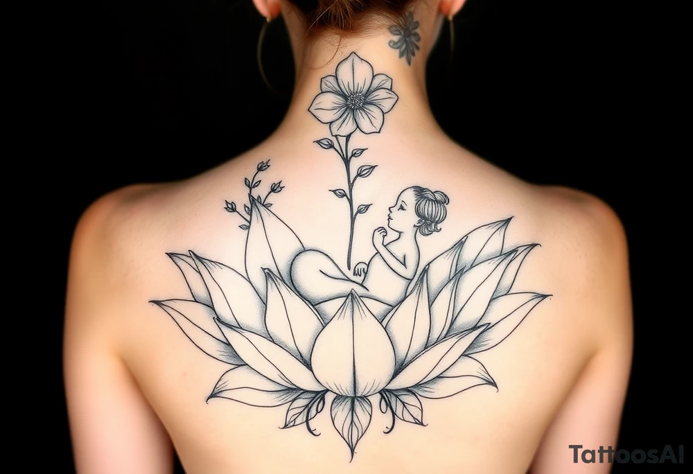 Mère assise en lotus qui allaite son bébé, la mère à une fleur de lys sur la tête et des racines d’arbre de vie tattoo idea