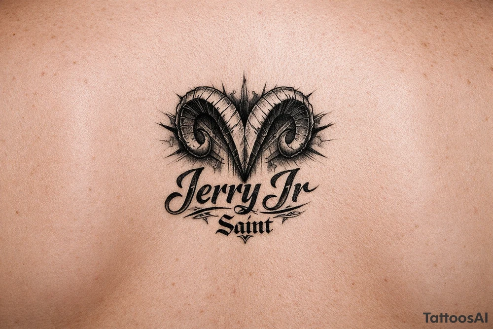 Aries symbol with Jerry Jr name and nickname Saint tattoo idea