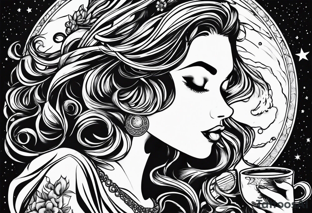 beautiful girl drinking coffee on the moon tattoo idea