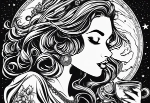 beautiful girl drinking coffee on the moon tattoo idea