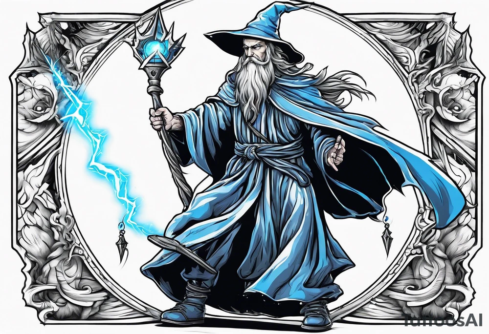 Wizard controlling lightning with a staff with blue arc ball tattoo idea