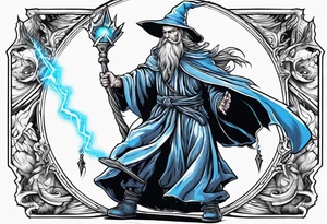 Wizard controlling lightning with a staff with blue arc ball tattoo idea
