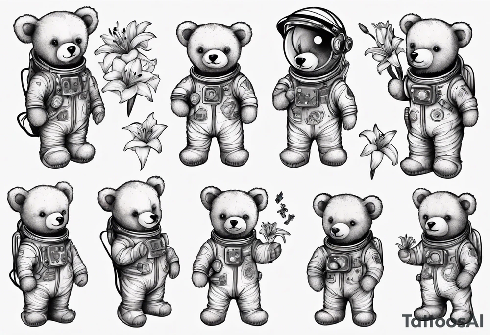 Teddy bear astronaut holding Lily tattoo idea