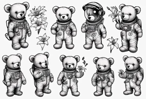 Teddy bear astronaut holding Lily tattoo idea