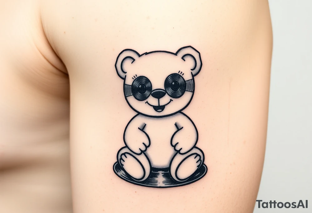 minimalist teddy bear with vinyl records as eyes smiling and sitting on a record tattoo idea