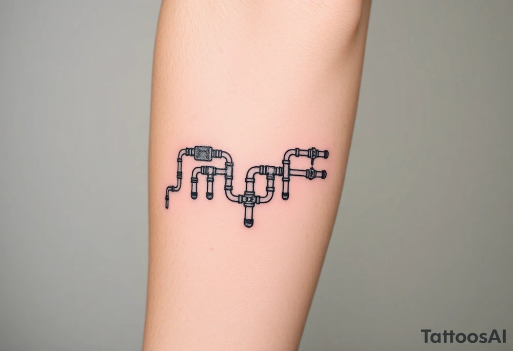 system of 30 thin conected curved plumbing pipes with each pipe ending without a curved pipe tattoo idea
