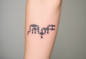 system of 30 thin conected curved plumbing pipes with each pipe ending without a curved pipe tattoo idea