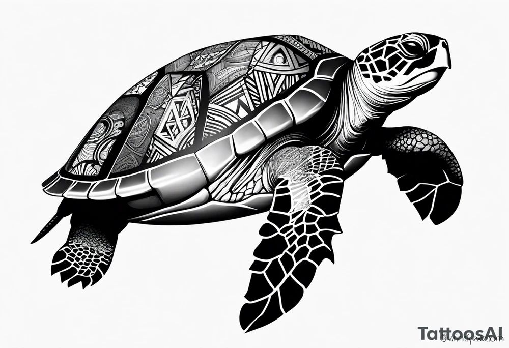 Full leg sleeve sea turtle and tribal and geometric tattoo idea
