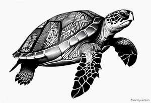 Full leg sleeve sea turtle and tribal and geometric tattoo idea