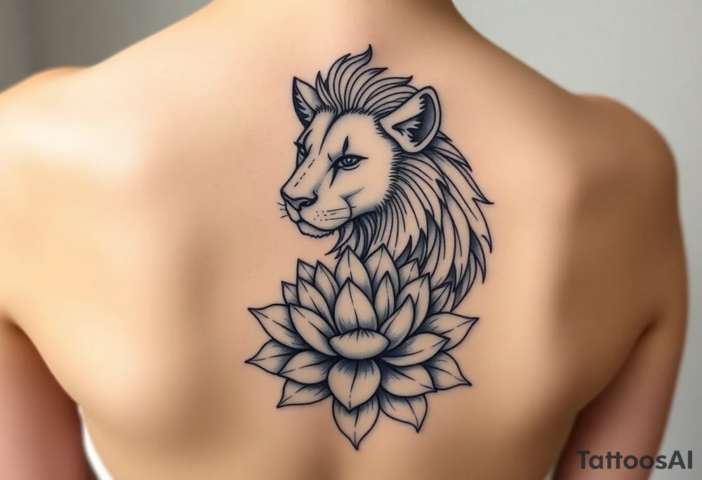 Simple lioness with lotus flower tattoo idea