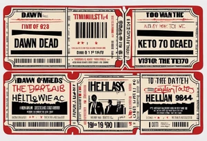 A retro 1970s movie ticket that fine line. I want it to incorpate the movies dawn of the dead 1978, hellraiser, and similar horror movie elements from the 70s and 80s tattoo idea