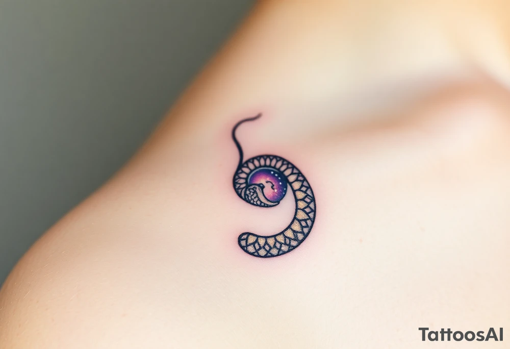 A lilac and golden Ouroboros snake forming cyrcle touching its tail tip, with cosmic patterns resembling a swirling galaxy within its body. tattoo idea