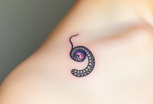 A lilac and golden Ouroboros snake forming cyrcle touching its tail tip, with cosmic patterns resembling a swirling galaxy within its body. tattoo idea