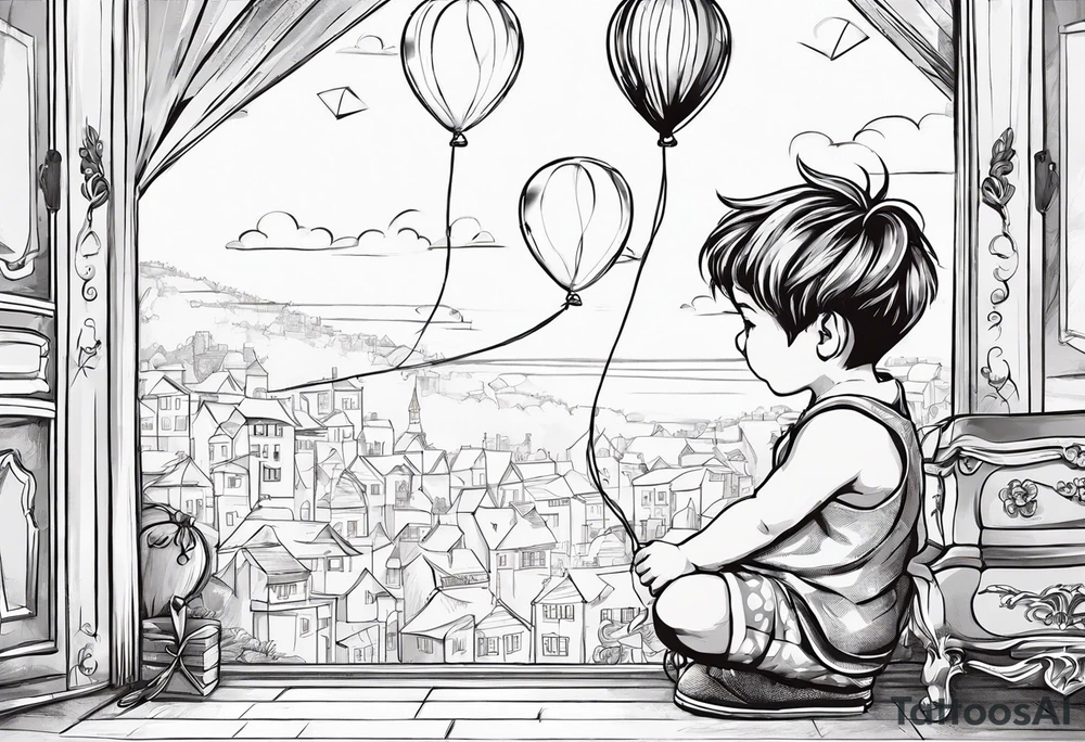 tatoo in sketch style only.
A little boy is holding a string to the hearth shaped small party baloon.
boy should be drawed from behind and has one hand reaching up in 45 degree angle and holding the baloon string
On the string is a wave which look like a hearbeat pulse.
draw it without any scenery, without any background. Just a boy 
Add heartbeat pulse on the string tattoo idea