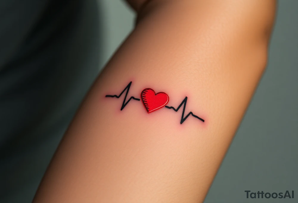 A heartbeat line with a small, minimalist pixelated heart on the end, glowing in red with a subtle digital glitch effect. tattoo idea