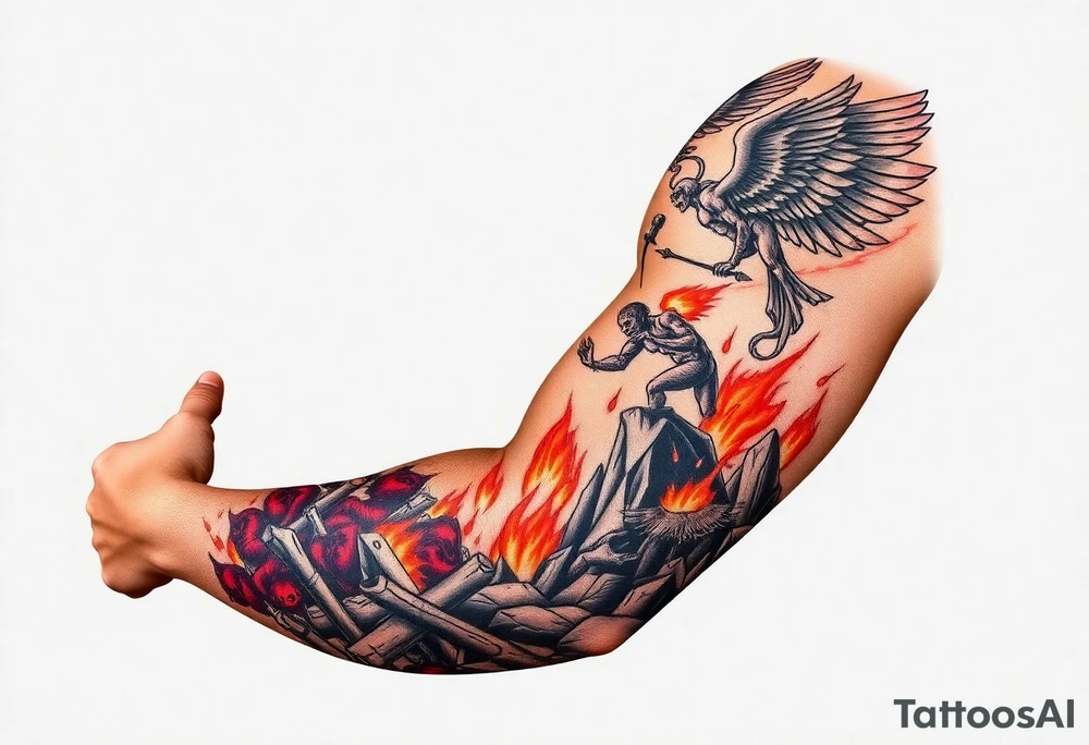 Heaven’s angels fighting hells demons. Angels flying and demons climbing up out of hell tattoo idea