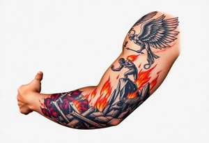 Heaven’s angels fighting hells demons. Angels flying and demons climbing up out of hell tattoo idea
