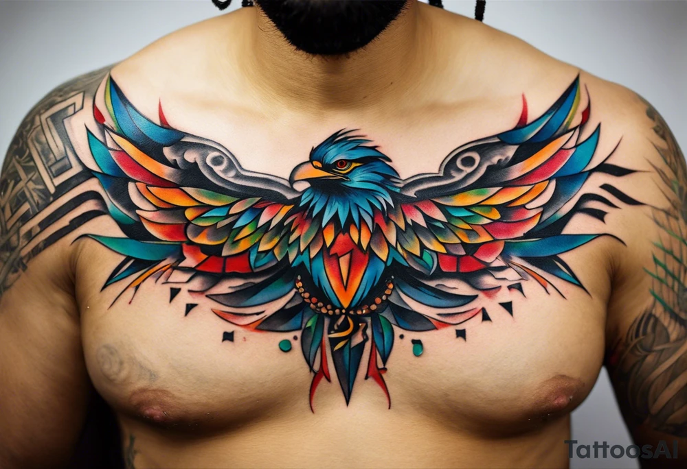 Wide tattoo that appears to be bursting out of the skin, symbolizing freedom. The tattoo should be vibrant and dynamic, with bold lines and colors that evoke a sense of liberation and empowerment. Consider incorporating elements such as broken chains, or other symbols of freedom. The tattoo should be visually striking and thought-provoking. tattoo idea