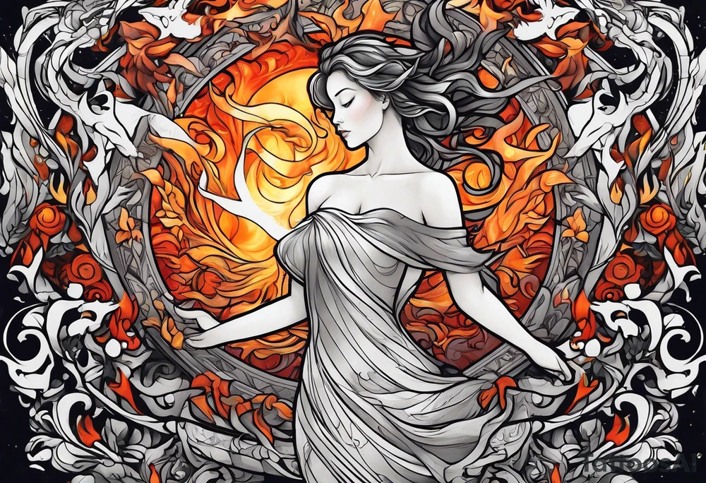 Resurrection strength and courage Beautiful Woman walking through fire and chaos to inner peace and self-love  ethereal tattoo idea