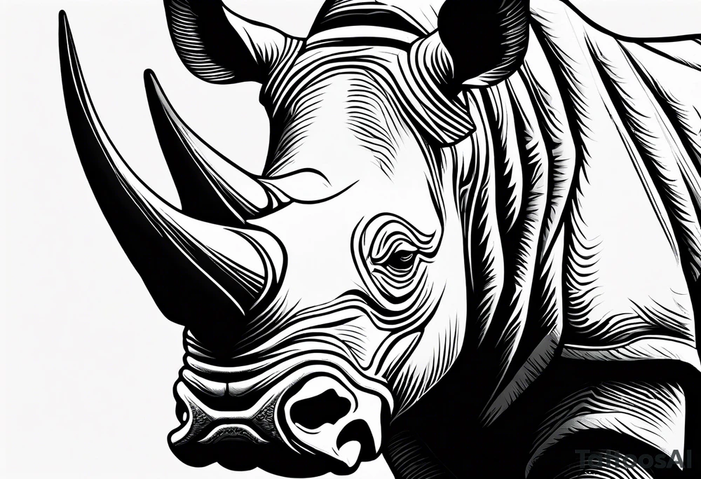 A front-facing rhino head with a sharp elongated tusk that is angry and fierce. Ears pointed straight up and forward a bit. Eyes that pierce your soul. A snarling jowel tattoo idea