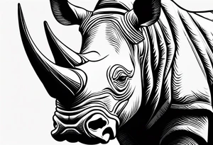 A front-facing rhino head with a sharp elongated tusk that is angry and fierce. Ears pointed straight up and forward a bit. Eyes that pierce your soul. A snarling jowel tattoo idea