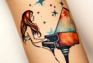 Woman with long wavy brown hair playing a grand piano under the stars swirl tattoo idea
