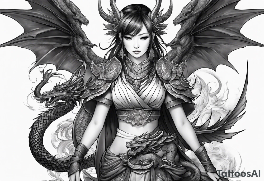 beautiful warrior nymph with dragon wings and dragon friends tattoo idea