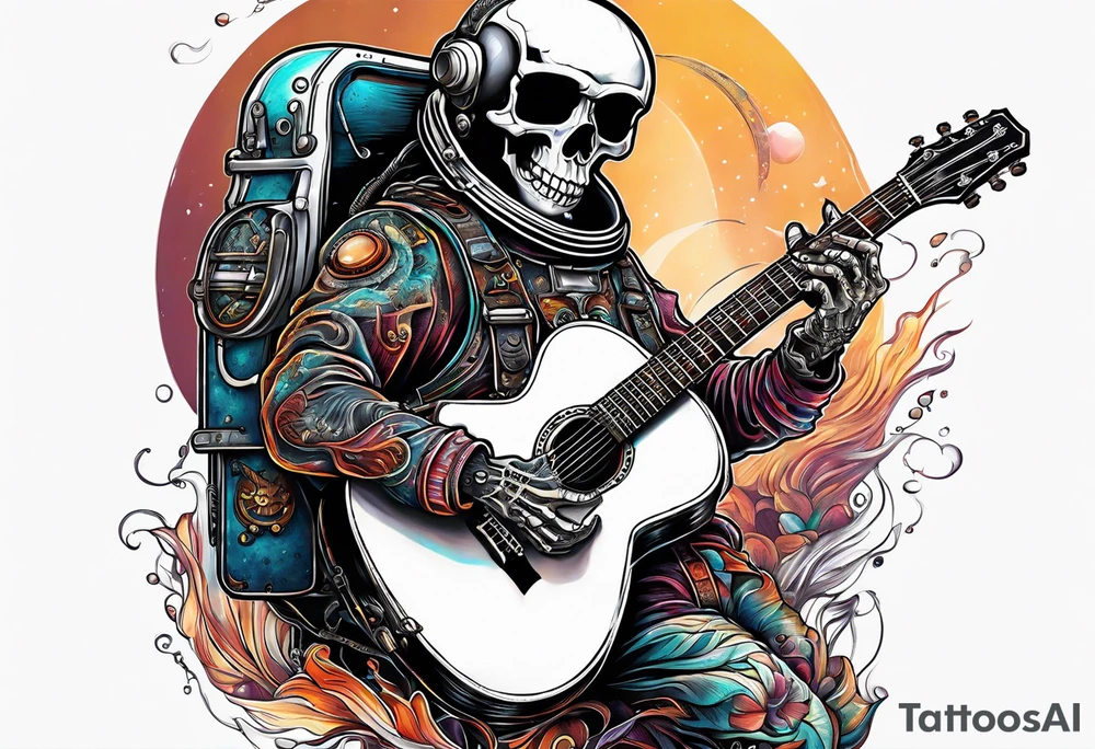 Skeleton astronaut playing acoustic guitar tattoo idea