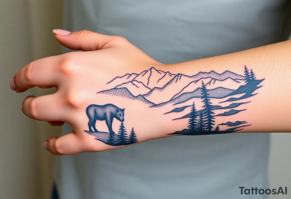 A full-sleeve with the Härjedalen landscape, reindeer, bear, lakes, mountains (Helags), tattoo idea