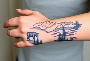 A full-sleeve with the Härjedalen landscape, reindeer, bear, lakes, mountains (Helags), tattoo idea