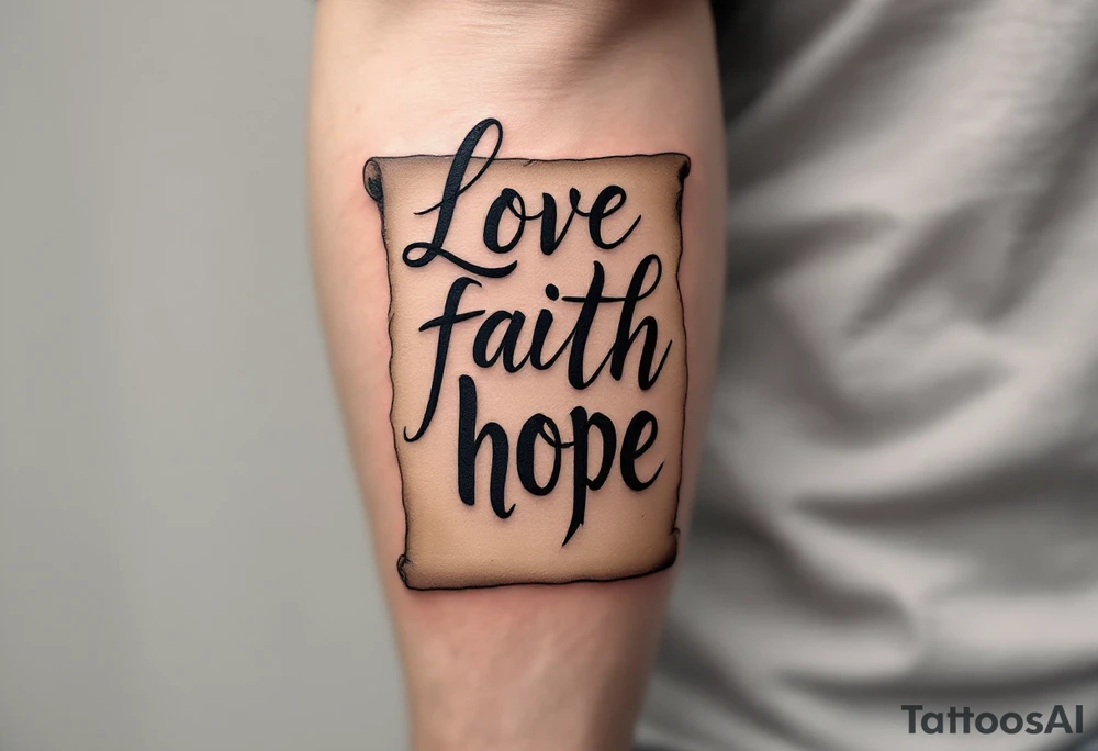 Tattoo with black calligraphy love faith hope on a parchment-scroll background in faded tan and beige tones. tattoo idea