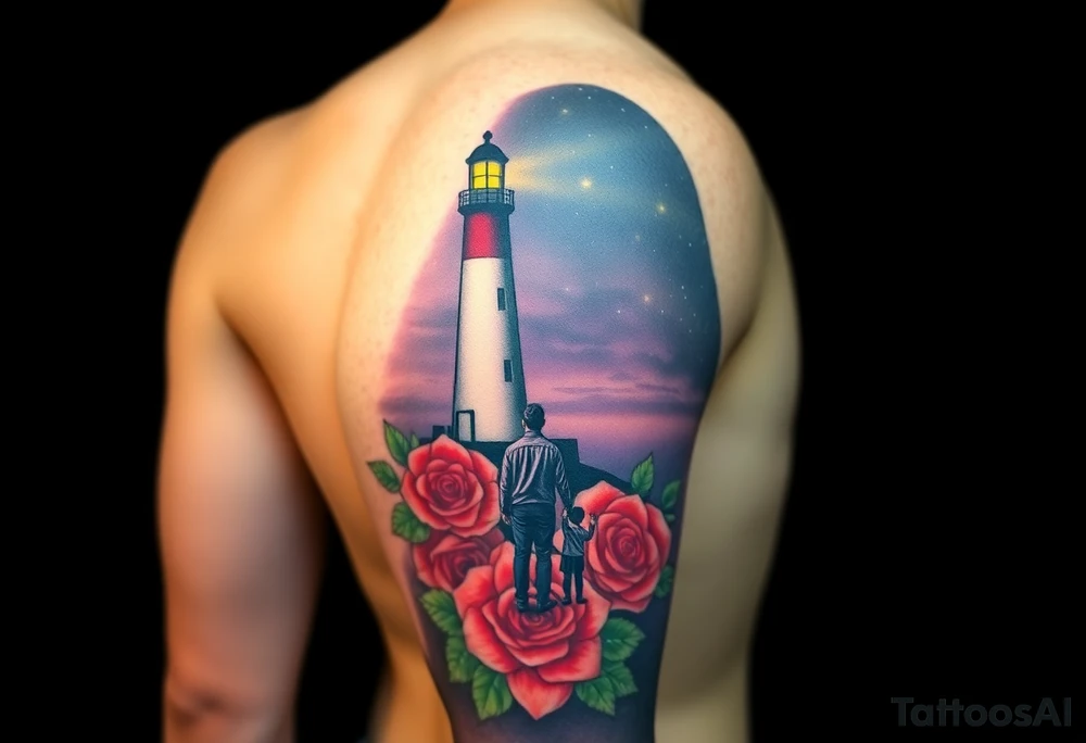 A full sleeve tattoo in illustrative realism style, showing a detailed lighthouse on the forearm glowing at night, with a dark purple starry sky. A man and a boy are standing at the base of the red and white lighthouse, holding hands and looking up at it. From the elbow up to the shoulder, the arm is filled with large, vibrant red roses and green vines blending into the same purple sky. The entire scene is atmospheric, emotionally rich, with soft lighting, high detail, and smooth blending between elements.” tattoo idea