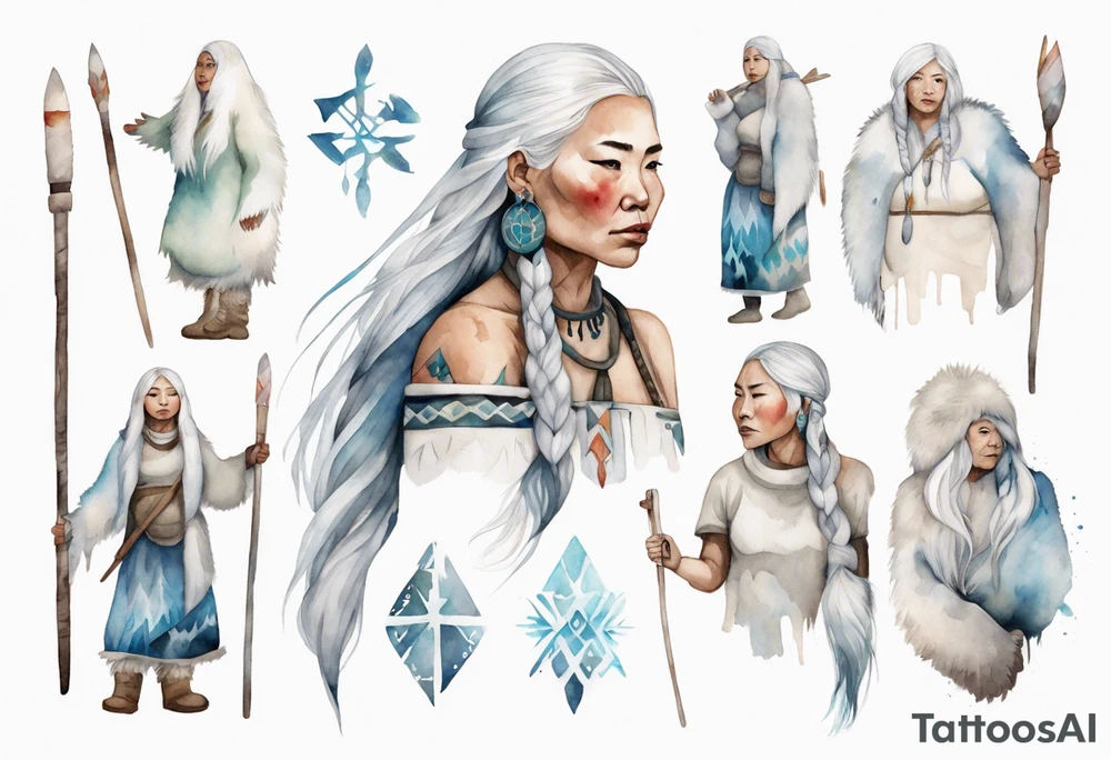 an Inuit woman with long white hair holding onto a white staff tattoo idea