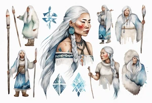 an Inuit woman with long white hair holding onto a white staff tattoo idea