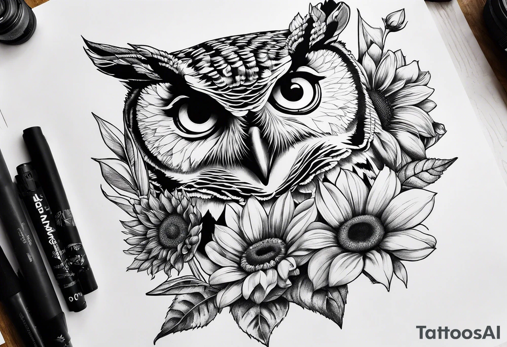 Sunflower, camera, book, owl tattoo idea