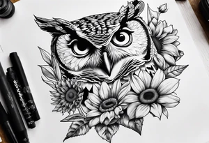 Sunflower, camera, book, owl tattoo idea