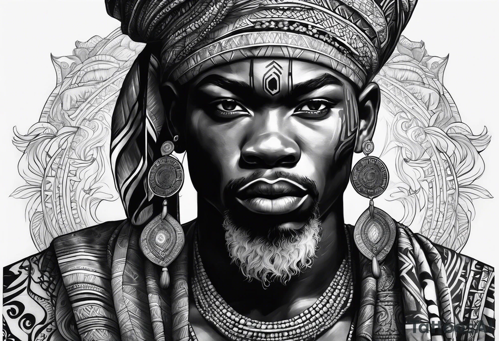 ogun guerreiro africano realista em preto e cinza com tons de azul
 no fudo tattoo idea