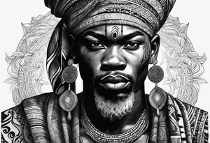 ogun guerreiro africano realista em preto e cinza com tons de azul
 no fudo tattoo idea