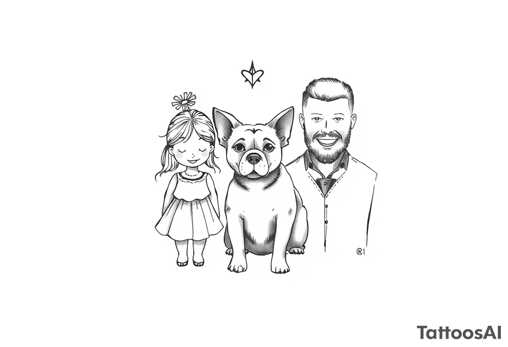 A tattoo that symbolizes three children, a dog and a husband using dainty symbols and a fine line tattoo tattoo idea